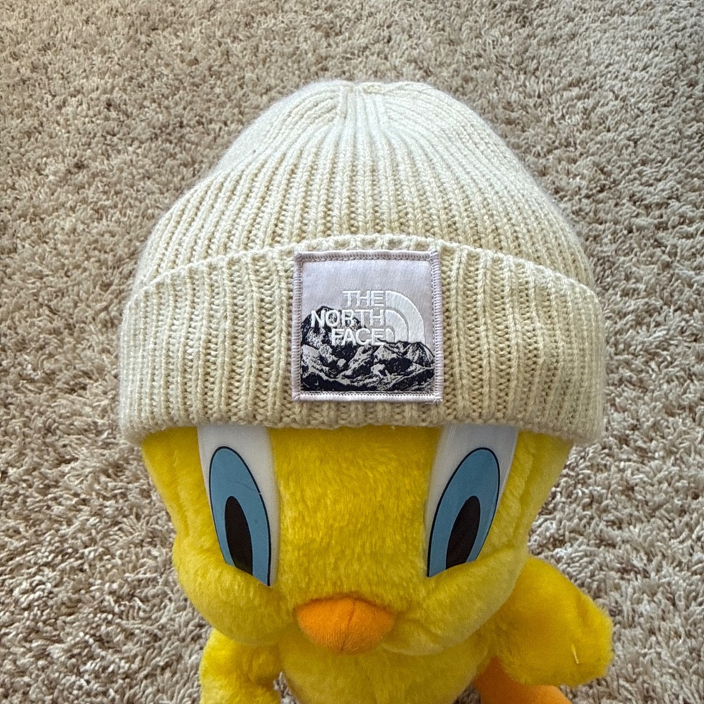 The North Face Dock Worker Beanie Cream Off White Ribbed Knit Logo Patch Hat